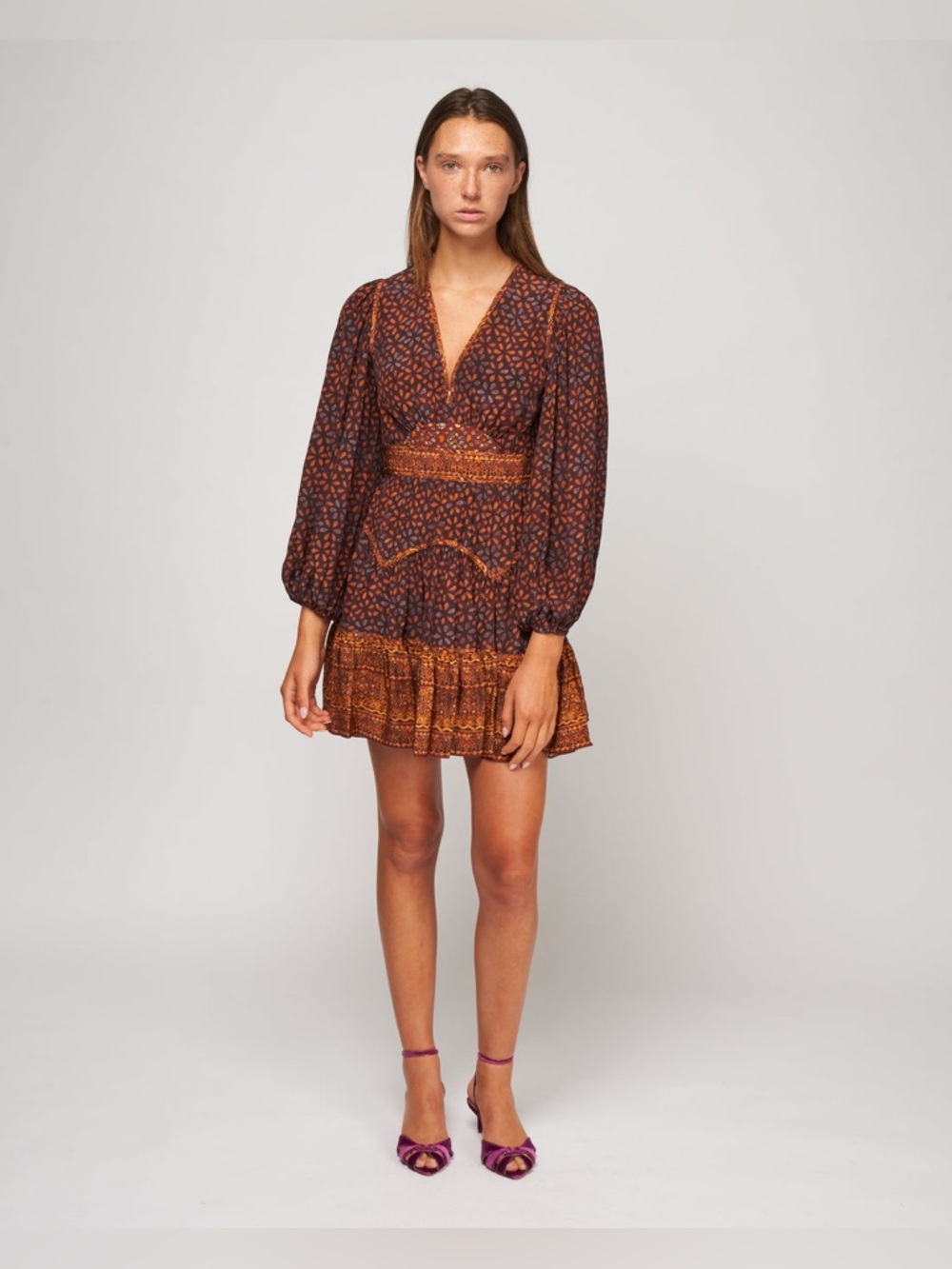 Ulla Johnson Dress Womens 2 Silk Agate Hyana Boho Long Sleeve Mini